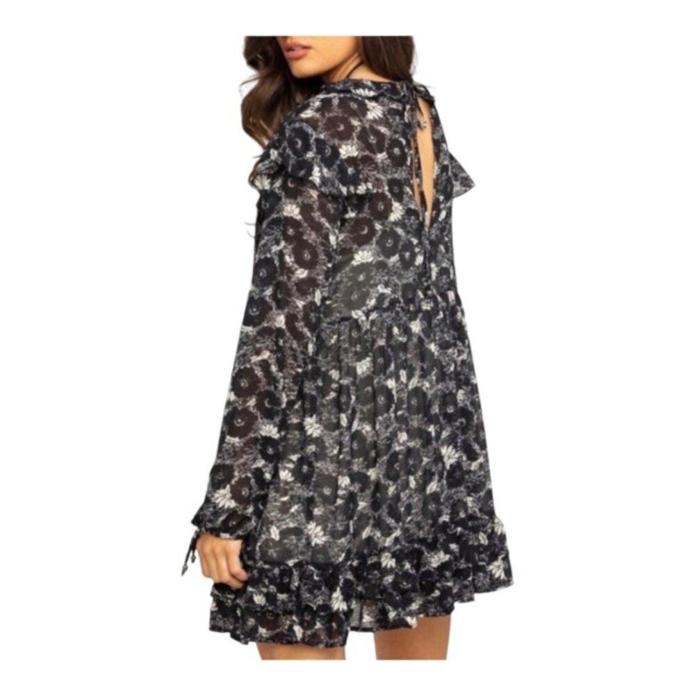 Free People Small These Dreams Long Sleeve Black White Printed Mini Dress - Picture 2 of 8